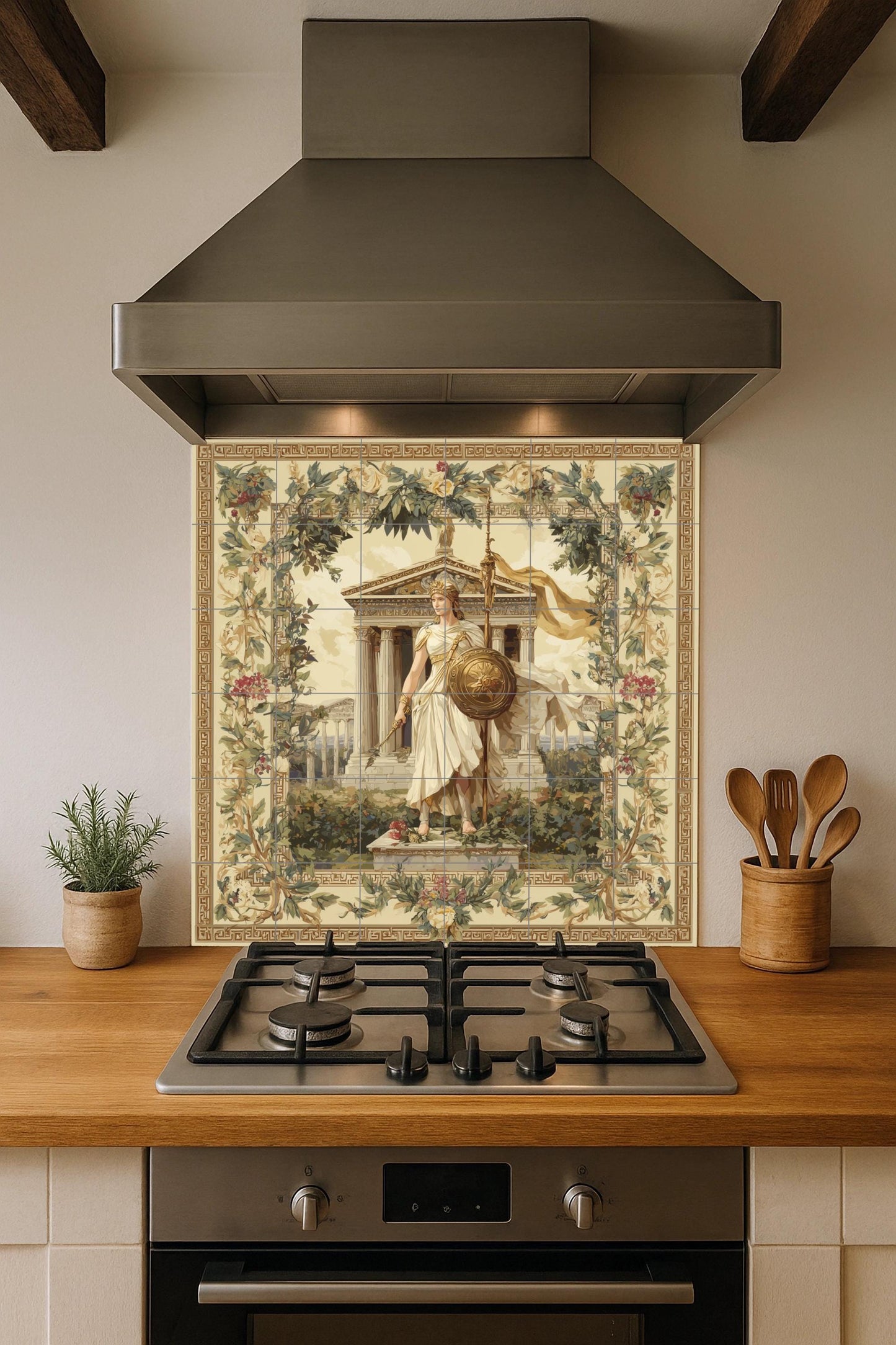 Athena tile mural / Greek goddess wall art / Classical Greek decor / Mediterranean ceramic tiles / Mythology and architecture