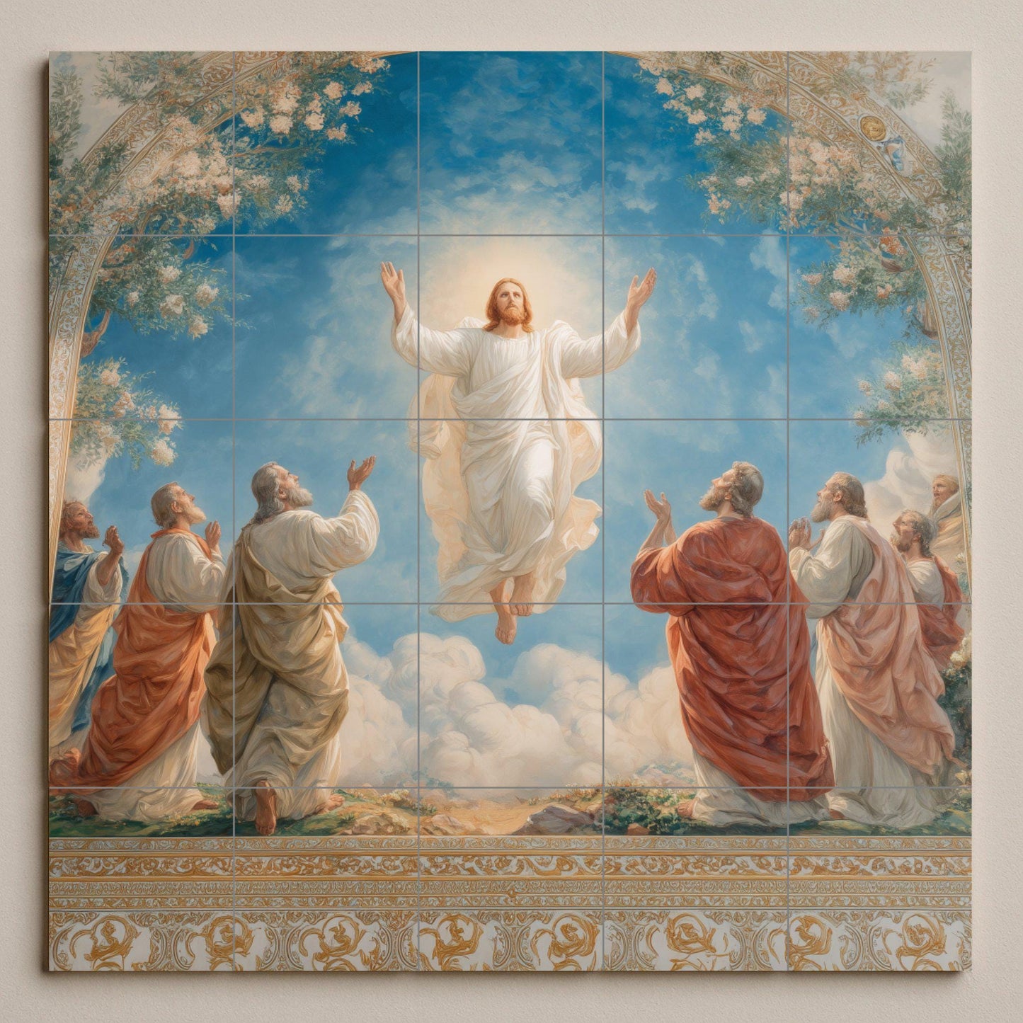 Tile mural of the Ascension of Christ / Religious mural art / Sacred ceramic decoration / Christian faith mural / Mediterranean style accent