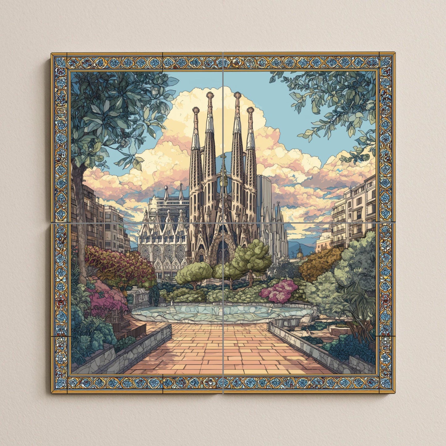Tile mural of the Sagrada Familia / Mural art of Barcelona / Mediterranean decoration / Masterpiece of Gaudí's architecture / Accents of Spanish ceramic tiles