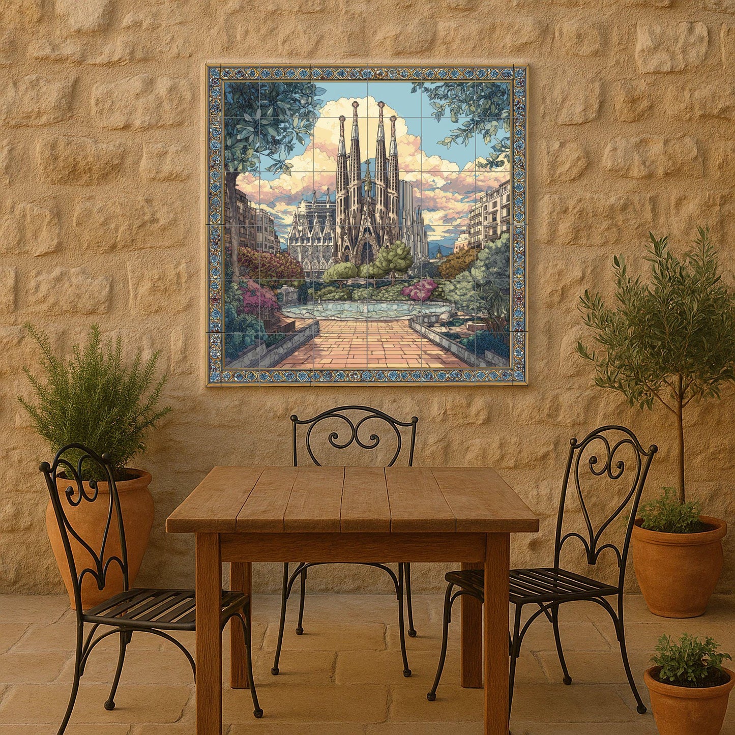 Tile mural of the Sagrada Familia / Mural art of Barcelona / Mediterranean decoration / Masterpiece of Gaudí's architecture / Accents of Spanish ceramic tiles