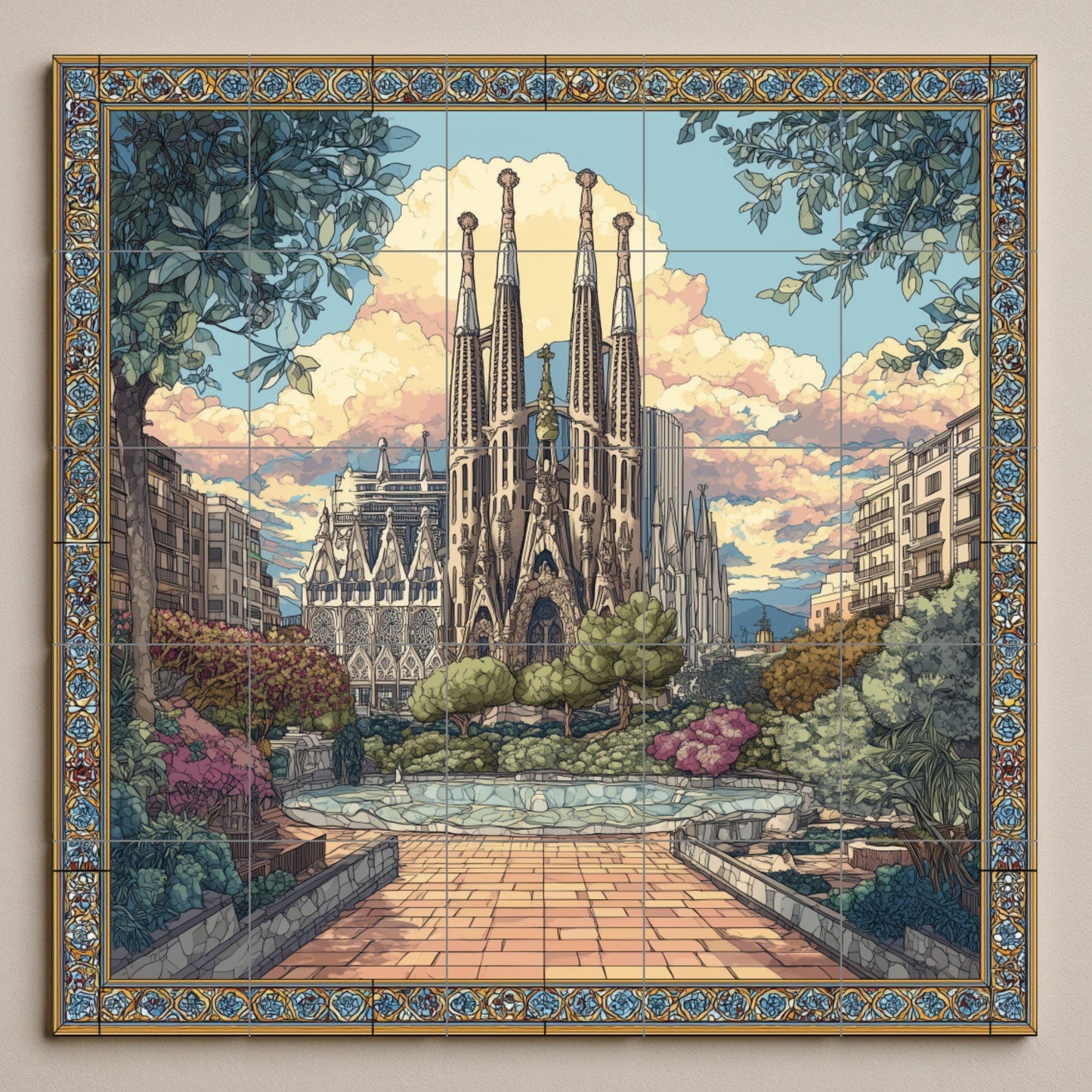 Tile mural of the Sagrada Familia / Mural art of Barcelona / Mediterranean decoration / Masterpiece of Gaudí's architecture / Accents of Spanish ceramic tiles