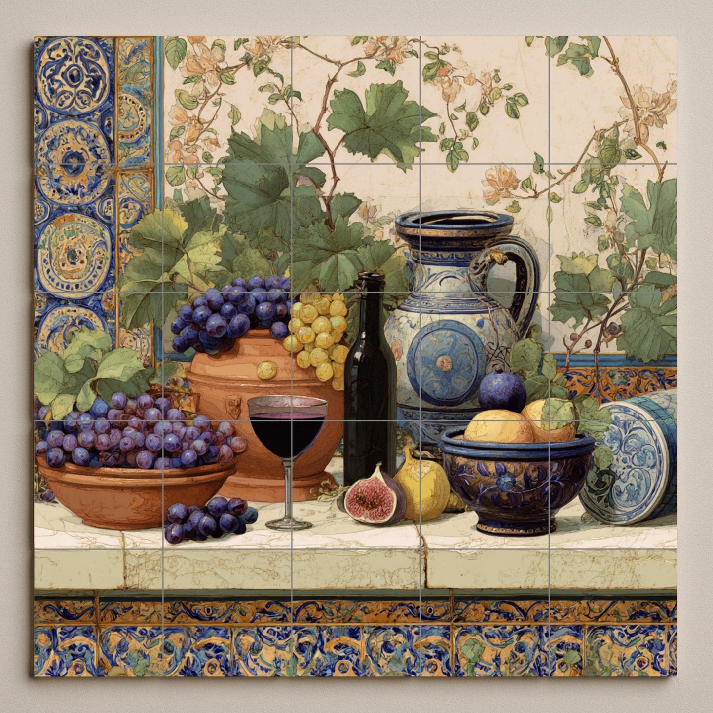 Mediterranean vineyard tile mural / Spanish still life decor / Ceramic wall art / Tiles with wine and grape accents / Handmade ceramics