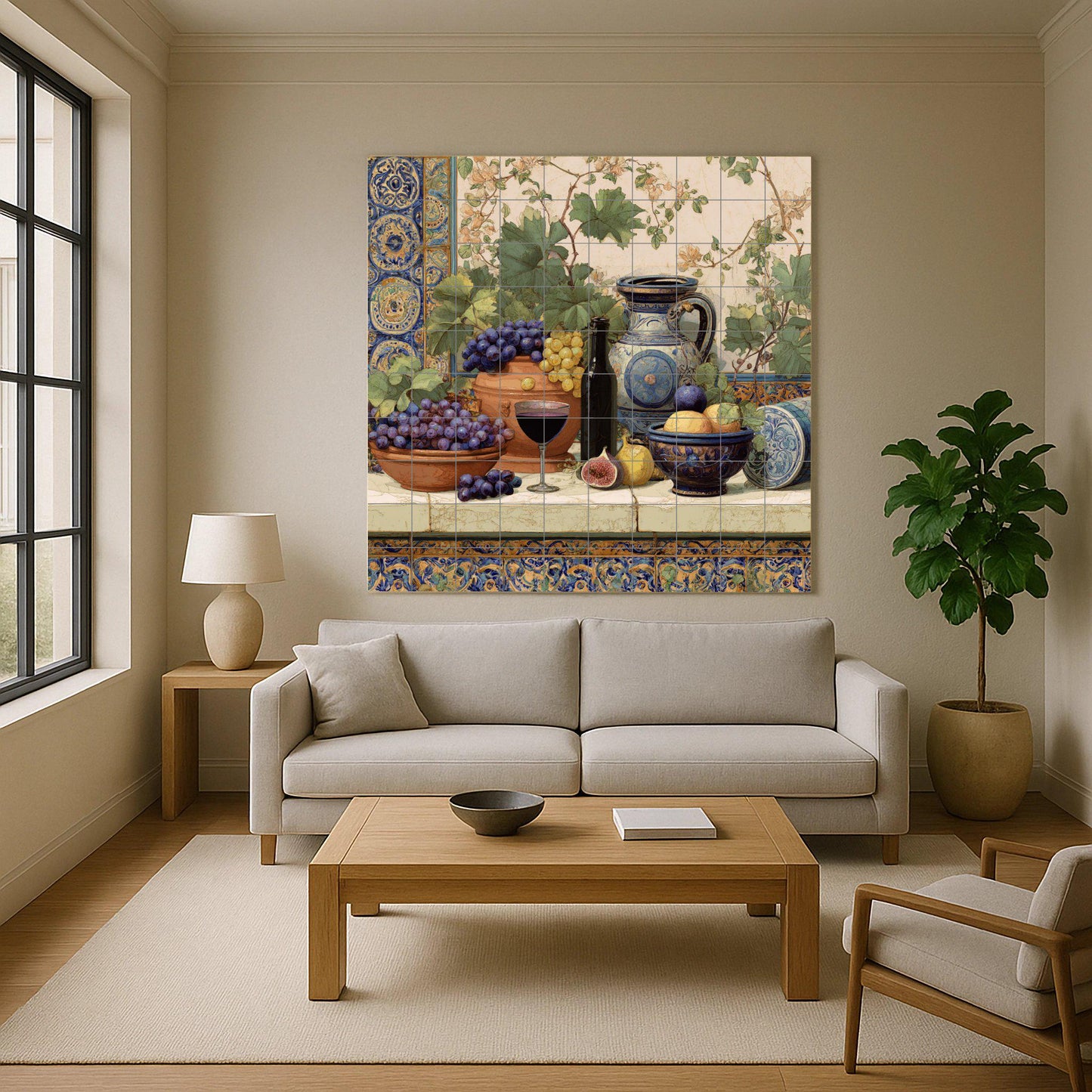 Mediterranean vineyard tile mural / Spanish still life decor / Ceramic wall art / Tiles with wine and grape accents / Handmade ceramics