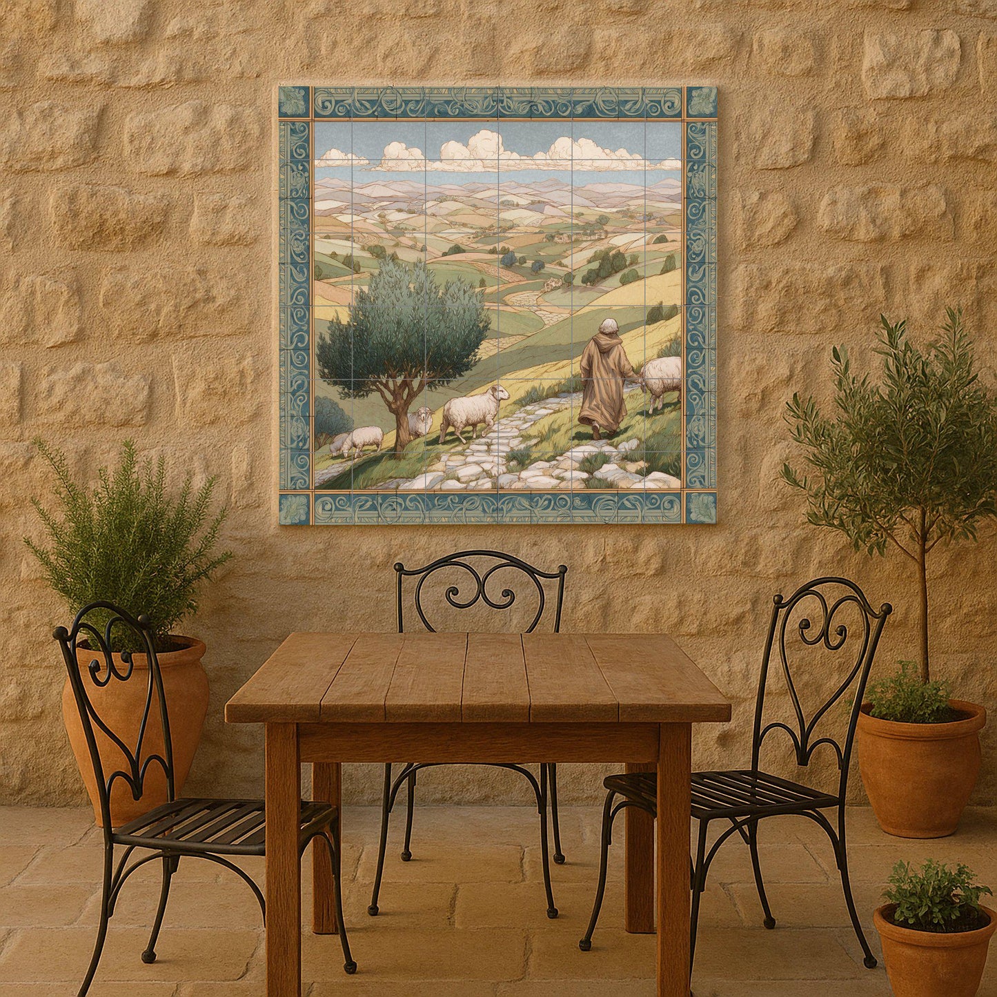 Shepherd tile mural / Pastoral landscape wall art / Mediterranean decor / Rolling hills and olive trees / Rustic ceramic tile accent
