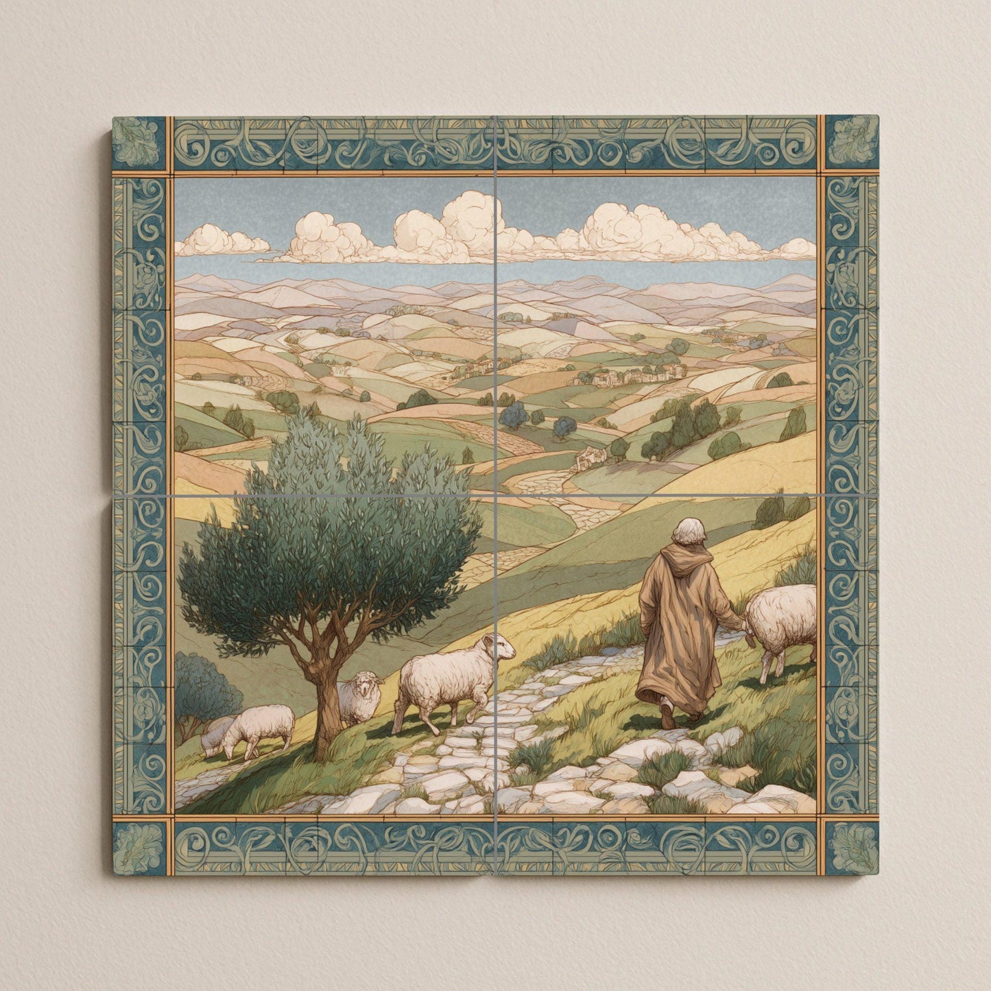 Shepherd tile mural / Pastoral landscape wall art / Mediterranean decor / Rolling hills and olive trees / Rustic ceramic tile accent