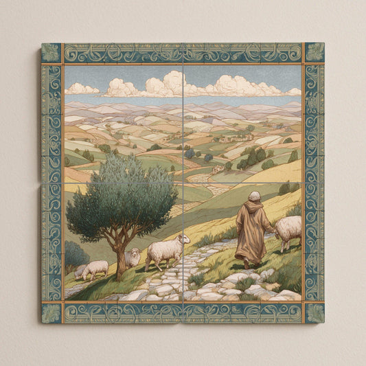 Shepherd tile mural / Pastoral landscape wall art / Mediterranean decor / Rolling hills and olive trees / Rustic ceramic tile accent