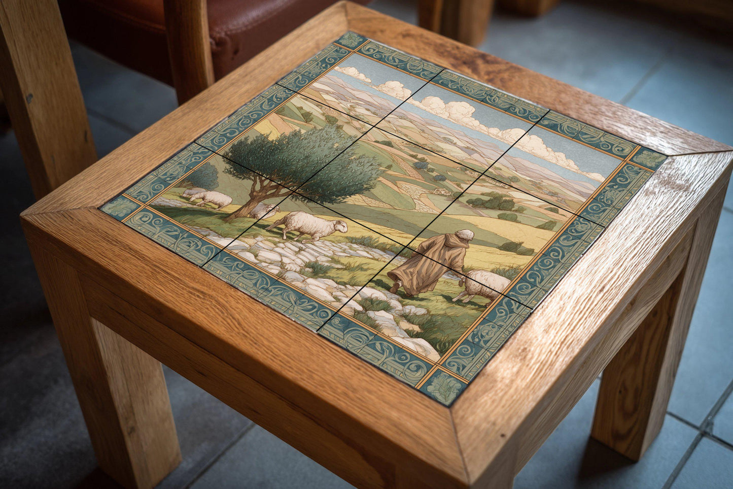 Shepherd tile mural / Pastoral landscape wall art / Mediterranean decor / Rolling hills and olive trees / Rustic ceramic tile accent