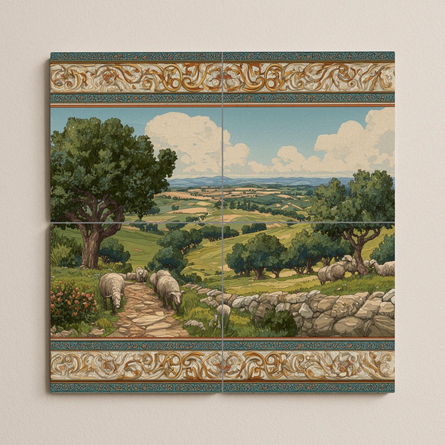 Tile mural with pastoral landscape / Countryside wall art / Mediterranean decor / Rolling hills scene / Handmade ceramic tile