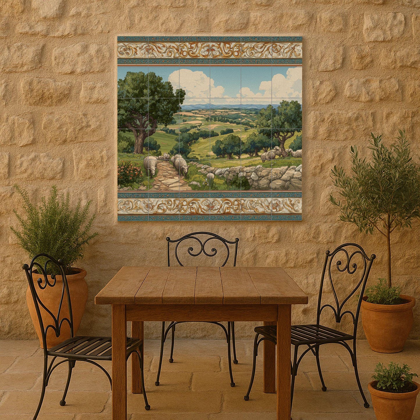 Tile mural with pastoral landscape / Countryside wall art / Mediterranean decor / Rolling hills scene / Handmade ceramic tile