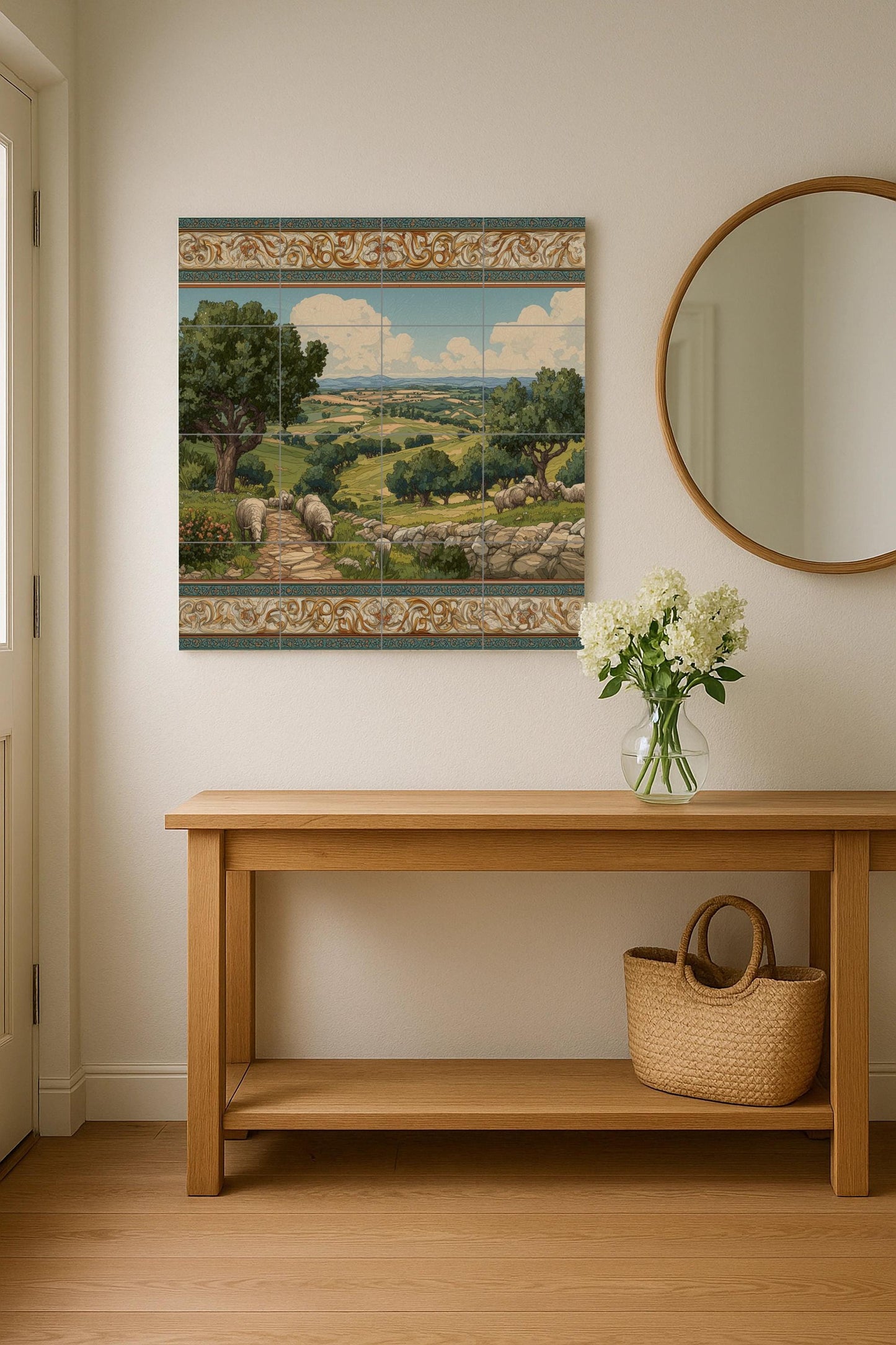 Tile mural with pastoral landscape / Countryside wall art / Mediterranean decor / Rolling hills scene / Handmade ceramic tile