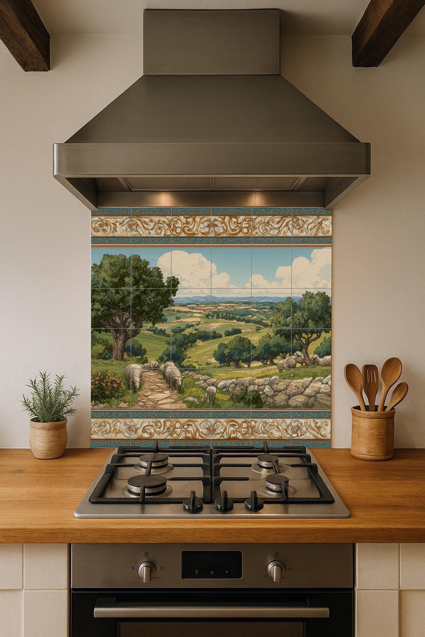 Tile mural with pastoral landscape / Countryside wall art / Mediterranean decor / Rolling hills scene / Handmade ceramic tile