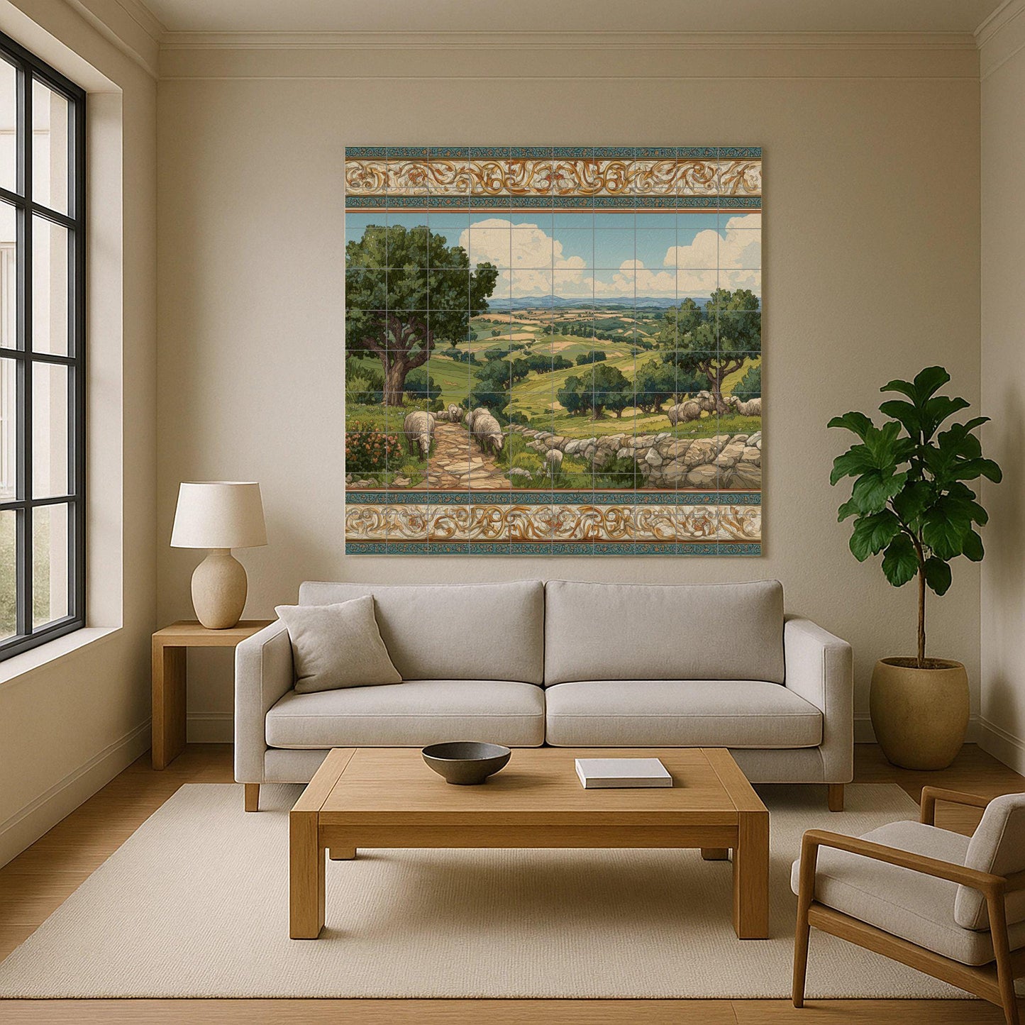 Tile mural with pastoral landscape / Countryside wall art / Mediterranean decor / Rolling hills scene / Handmade ceramic tile