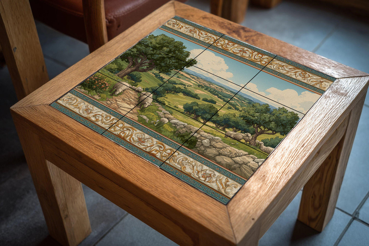 Tile mural with pastoral landscape / Countryside wall art / Mediterranean decor / Rolling hills scene / Handmade ceramic tile
