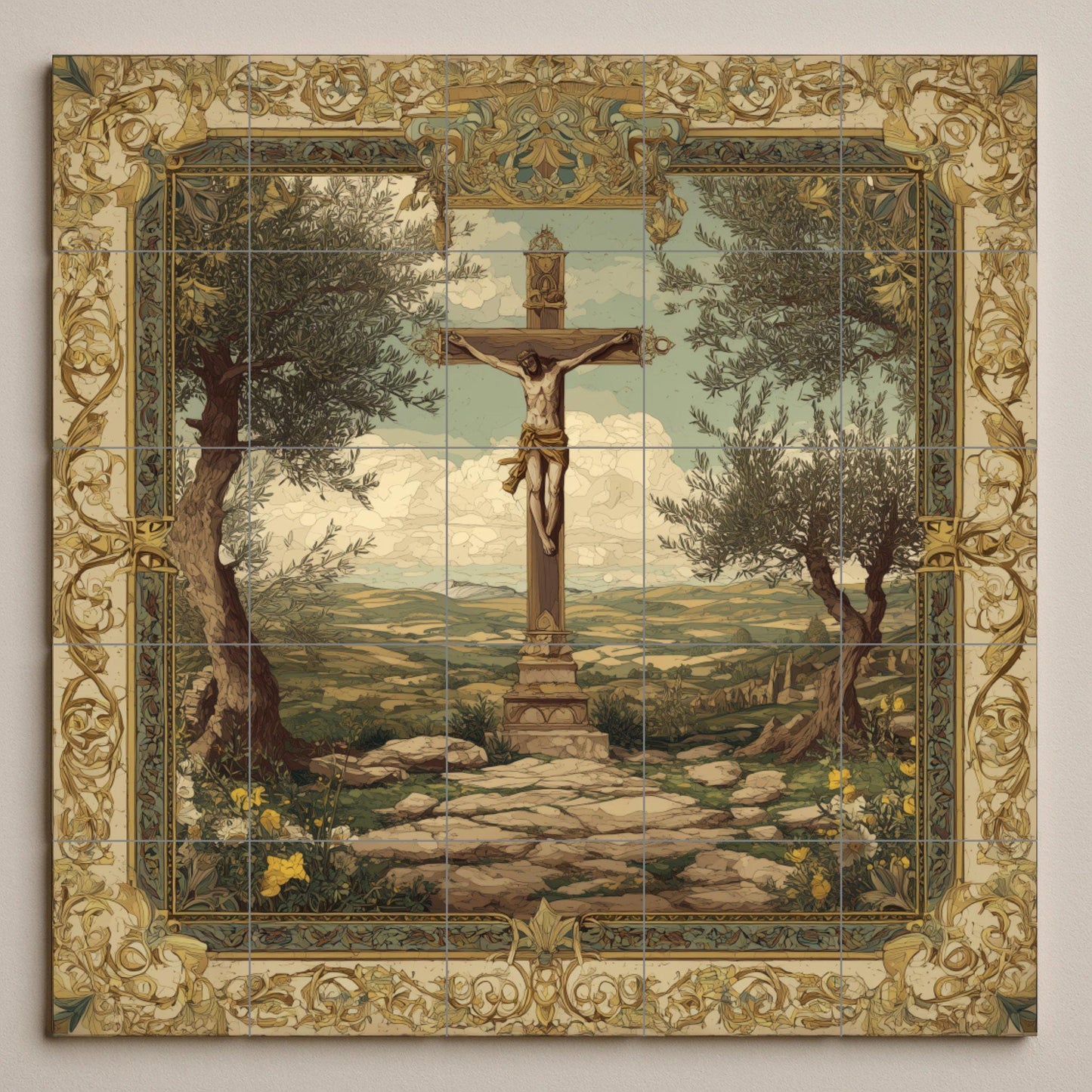 Crucifixion tile mural / Christian mural art / Religious decoration / Sacred ceramic tiles / Accents of faith / Mediterranean olive trees