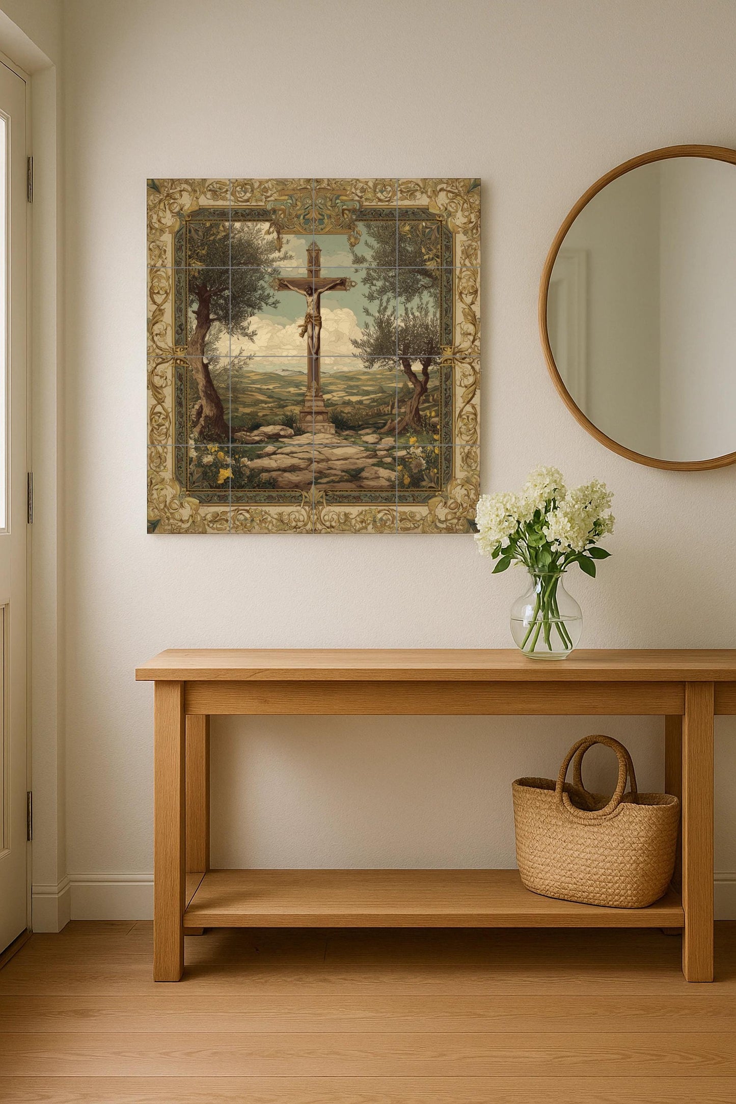 Crucifixion tile mural / Christian mural art / Religious decoration / Sacred ceramic tiles / Accents of faith / Mediterranean olive trees