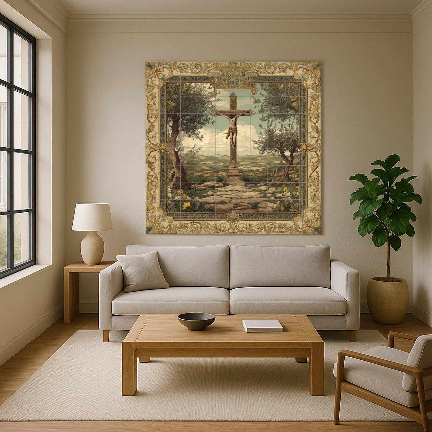 Crucifixion tile mural / Christian mural art / Religious decoration / Sacred ceramic tiles / Accents of faith / Mediterranean olive trees