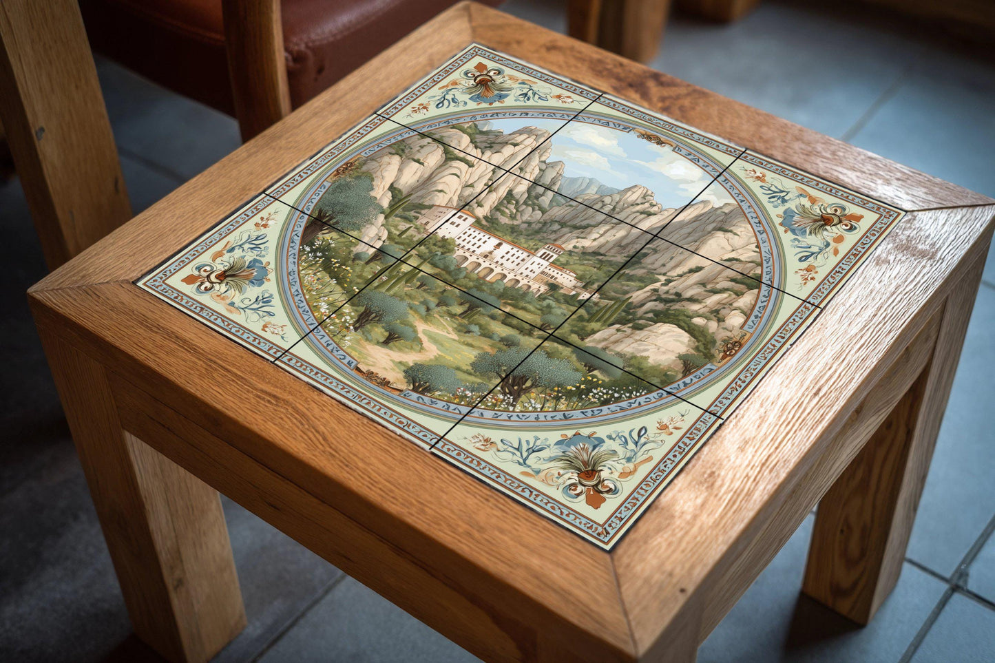 Montserrat tile mural / Catalan landscape art / Spanish wall decoration / Mountain monastery scene / Handmade ceramic tile