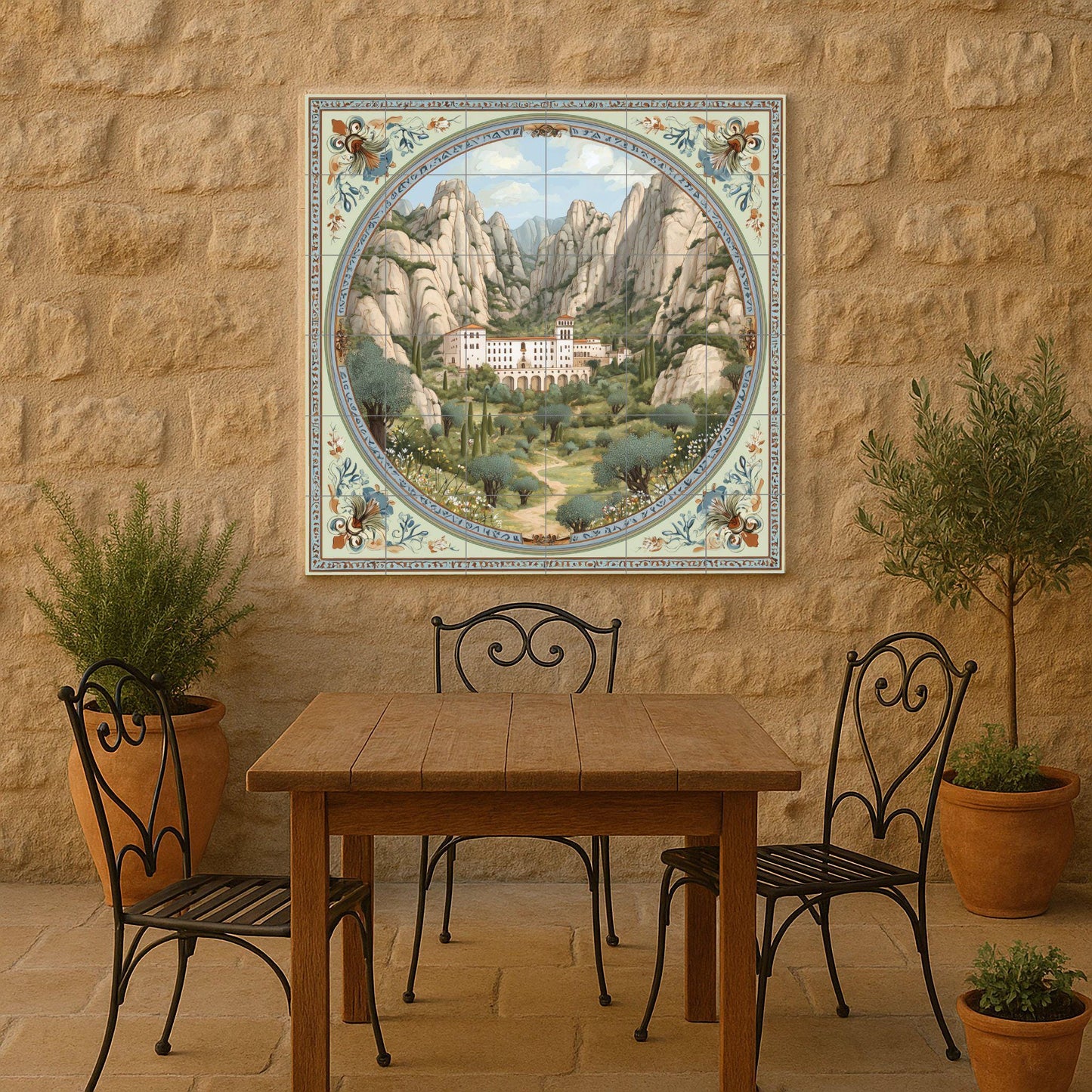 Montserrat tile mural / Catalan landscape art / Spanish wall decoration / Mountain monastery scene / Handmade ceramic tile