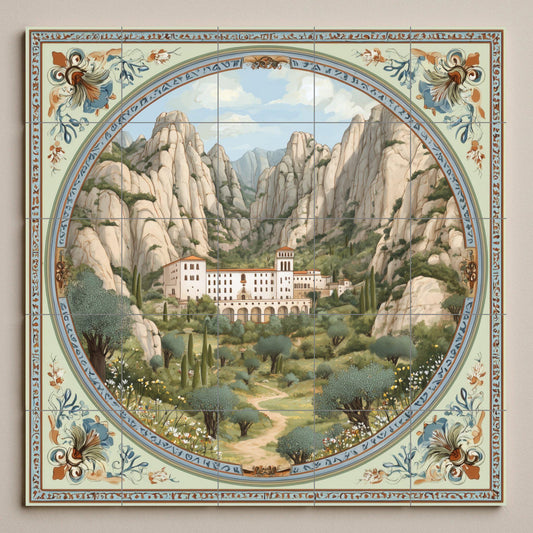 Montserrat tile mural / Catalan landscape art / Spanish wall decoration / Mountain monastery scene / Handmade ceramic tile