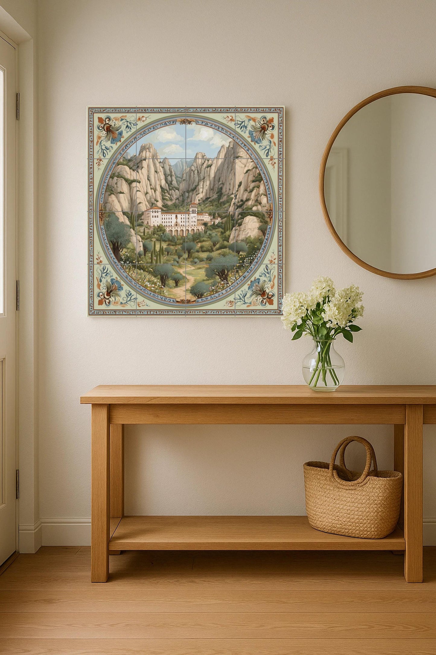 Montserrat tile mural / Catalan landscape art / Spanish wall decoration / Mountain monastery scene / Handmade ceramic tile