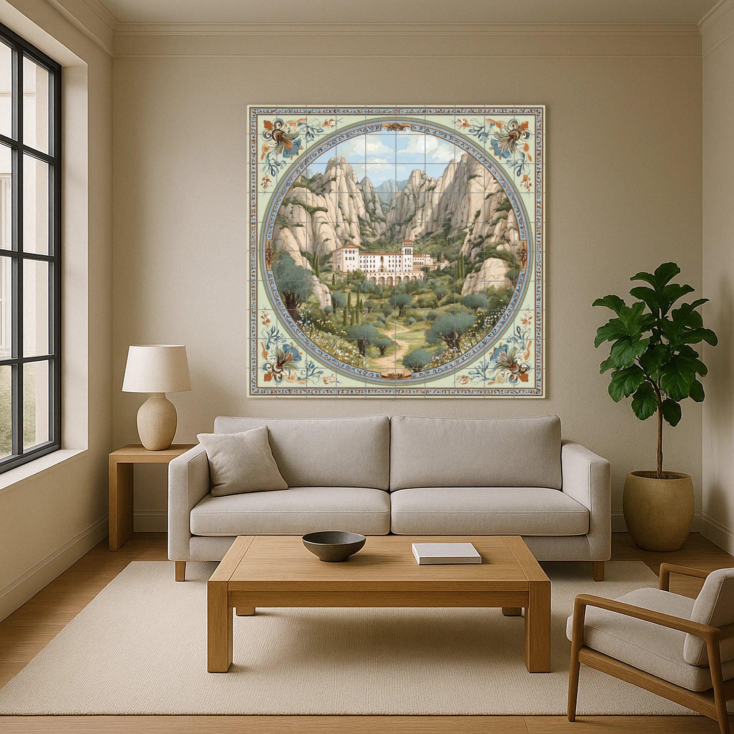 Montserrat tile mural / Catalan landscape art / Spanish wall decoration / Mountain monastery scene / Handmade ceramic tile