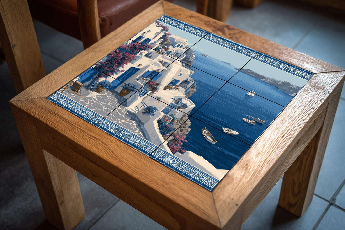 Santorini coastal mural / Greek island mural art / Mediterranean decor / Ceramic tiles with a sea view / Coastal decor / Handmade tile art