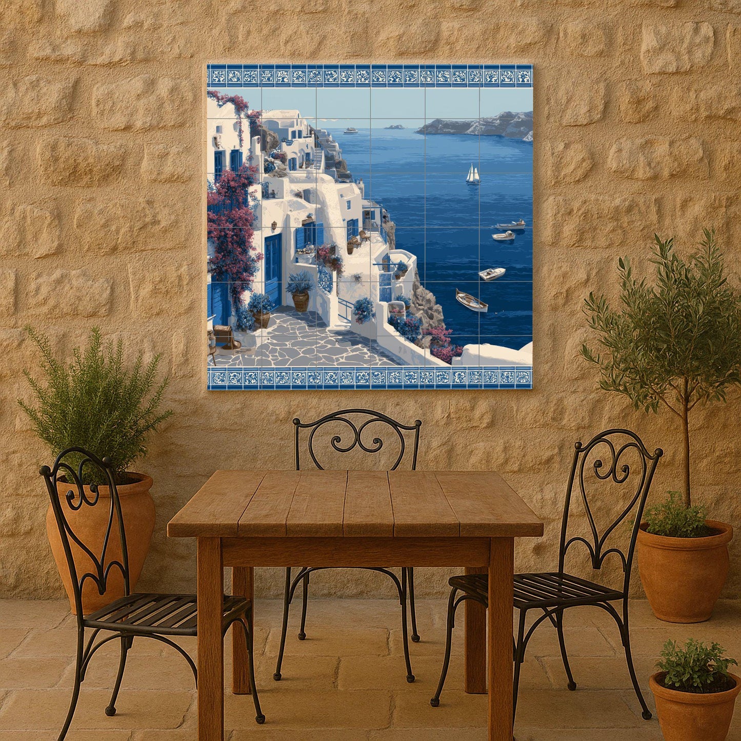 Santorini coastal mural / Greek island mural art / Mediterranean decor / Ceramic tiles with a sea view / Coastal decor / Handmade tile art