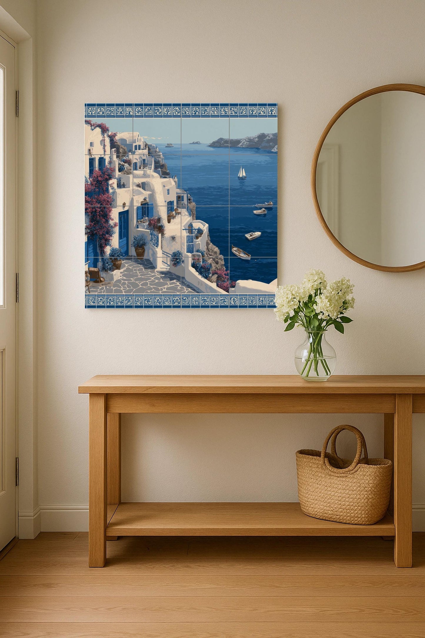 Santorini coastal mural / Greek island mural art / Mediterranean decor / Ceramic tiles with a sea view / Coastal decor / Handmade tile art
