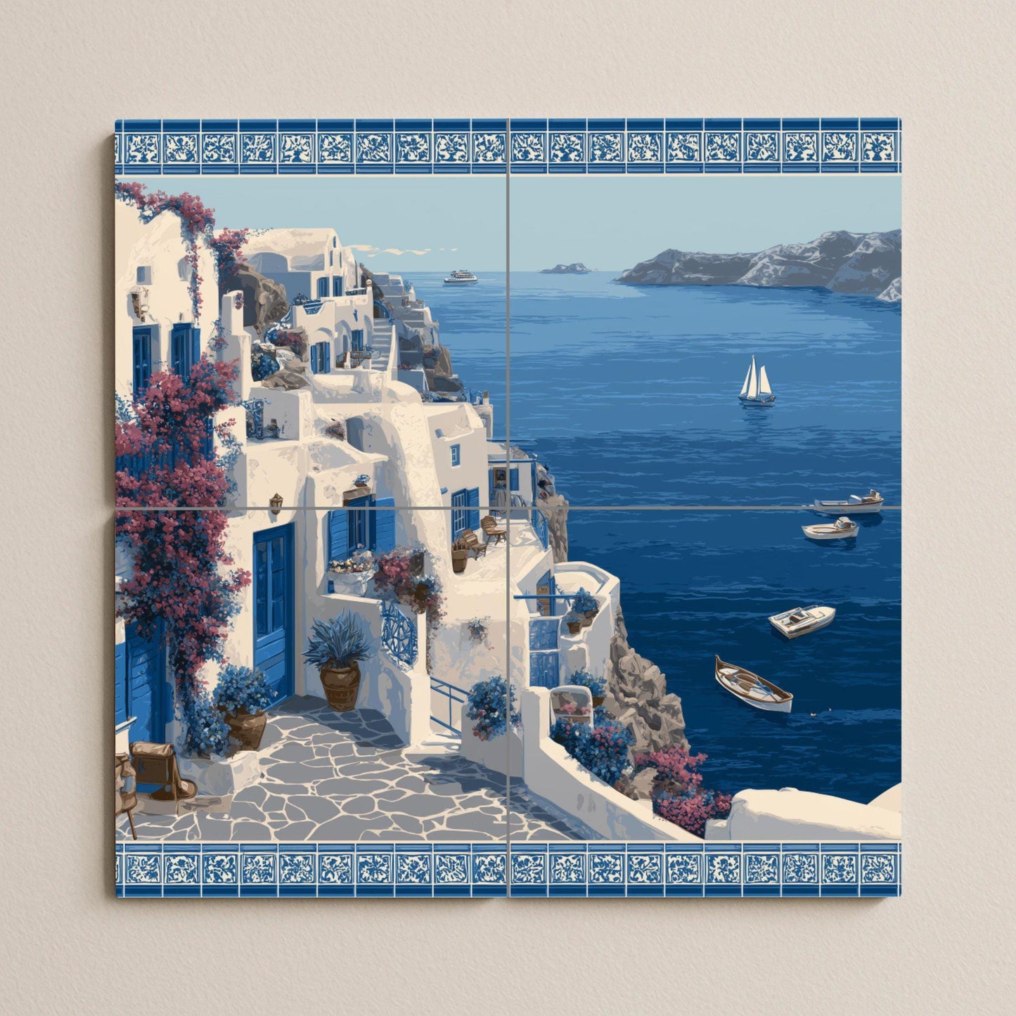 Santorini coastal mural / Greek island mural art / Mediterranean decor / Ceramic tiles with a sea view / Coastal decor / Handmade tile art