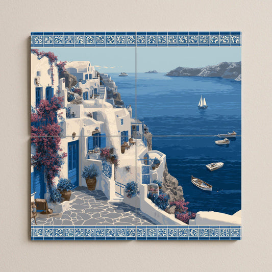 Santorini coastal mural / Greek island mural art / Mediterranean decor / Ceramic tiles with a sea view / Coastal decor / Handmade tile art