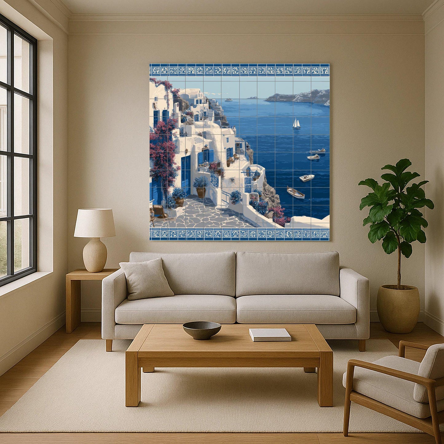 Santorini coastal mural / Greek island mural art / Mediterranean decor / Ceramic tiles with a sea view / Coastal decor / Handmade tile art