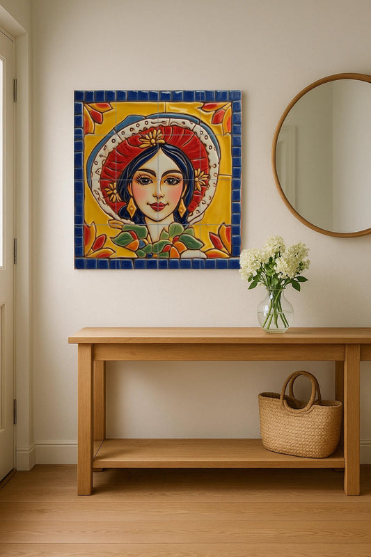 Traditional Mexican woman tile mural / Colorful ceramic mural art / Folk art decor / Vibrant floral prints / Mexican heritage decor