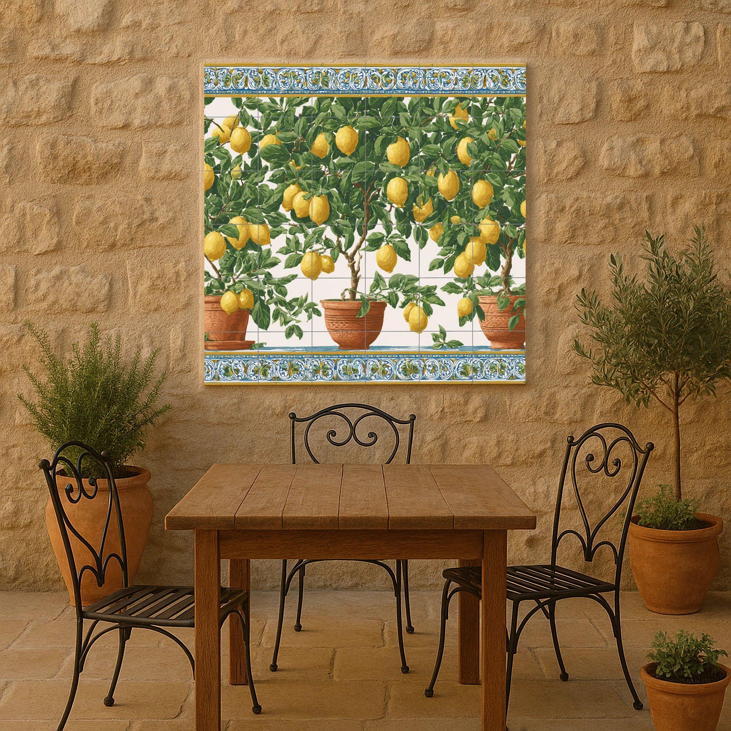 Lemon tree tile mural / Mediterranean wall art / Handmade ceramic decor / Terracotta pots and fresh lemons / Vibrant Mediterranean