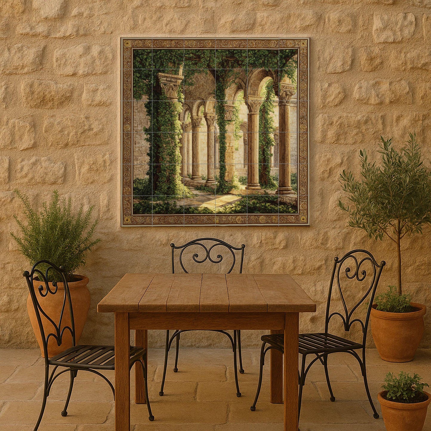 Medieval cloister tile mural / Gothic architectural wall art / Ivy-covered arch decoration / Handmade ceramic tiles / Vintage accent