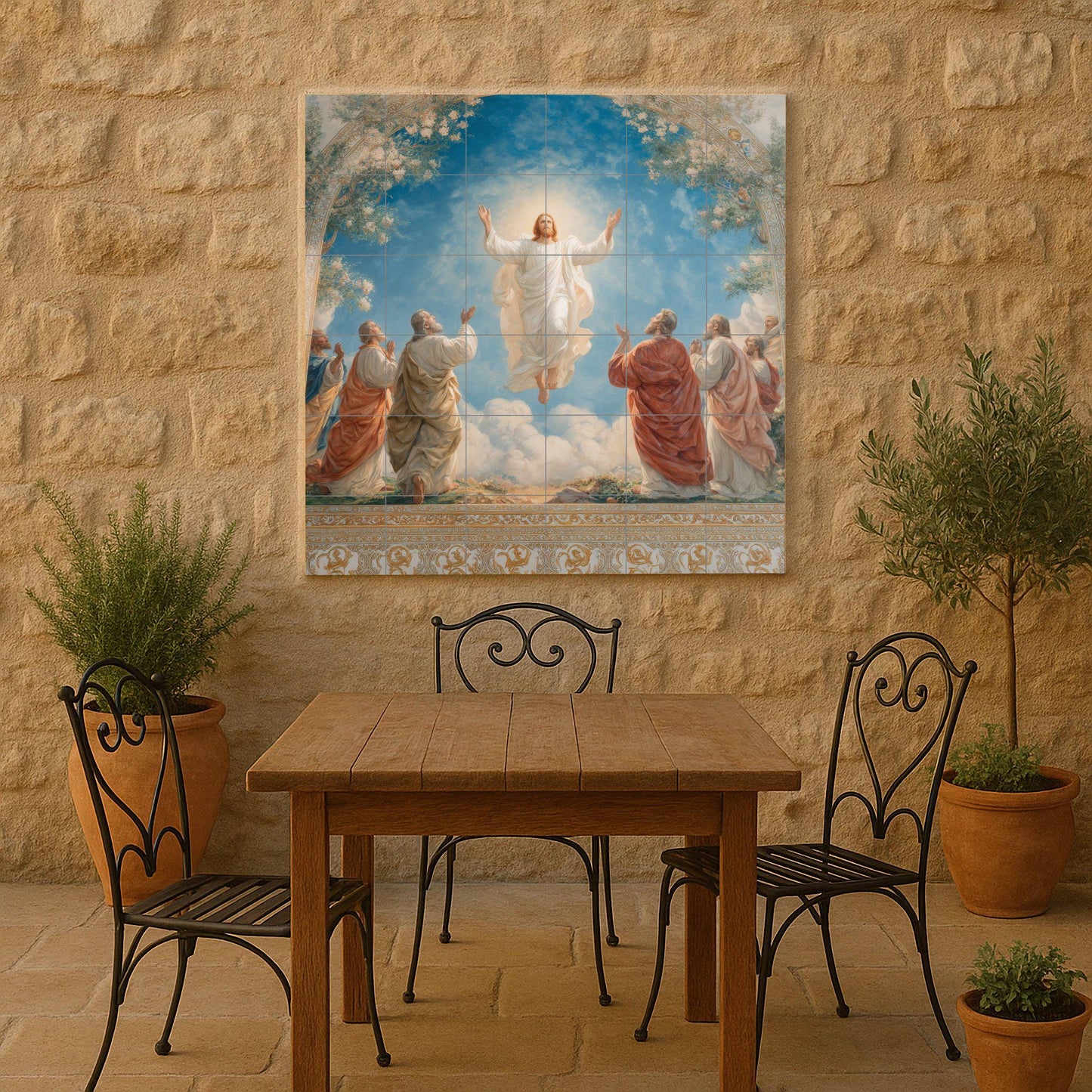 Tile mural of the Ascension of Christ / Religious mural art / Sacred ceramic decoration / Christian faith mural / Mediterranean style accent