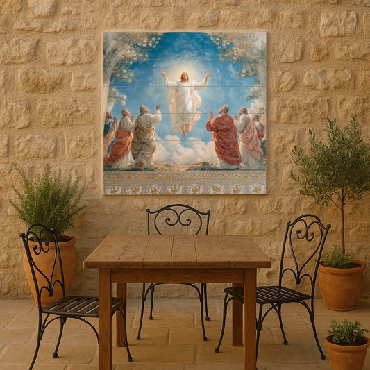 Tile mural of the Ascension of Christ / Religious mural art / Sacred ceramic decoration / Christian faith mural / Mediterranean style accent