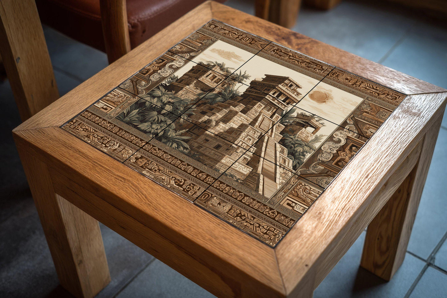 Ceramic mural of a Mayan temple – Tile panel of an ancient civilization – Jungle ruins scene – Wall decoration with cultural accent – Historical heritage decoration