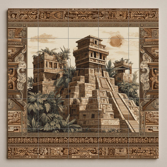 Ceramic mural of a Mayan temple – Tile panel of an ancient civilization – Jungle ruins scene – Wall decoration with cultural accent – Historical heritage decoration