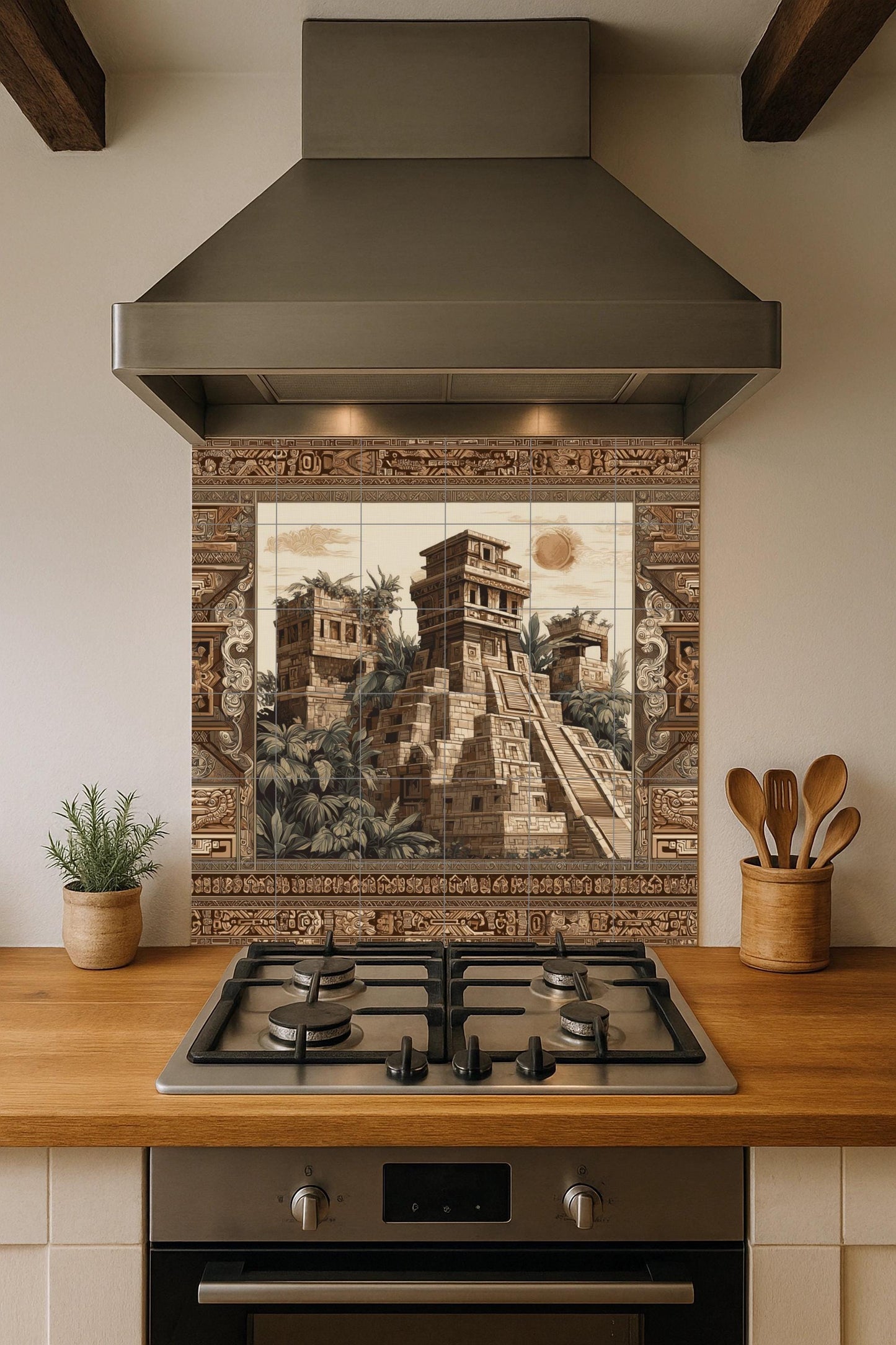 Ceramic mural of a Mayan temple – Tile panel of an ancient civilization – Jungle ruins scene – Wall decoration with cultural accent – Historical heritage decoration
