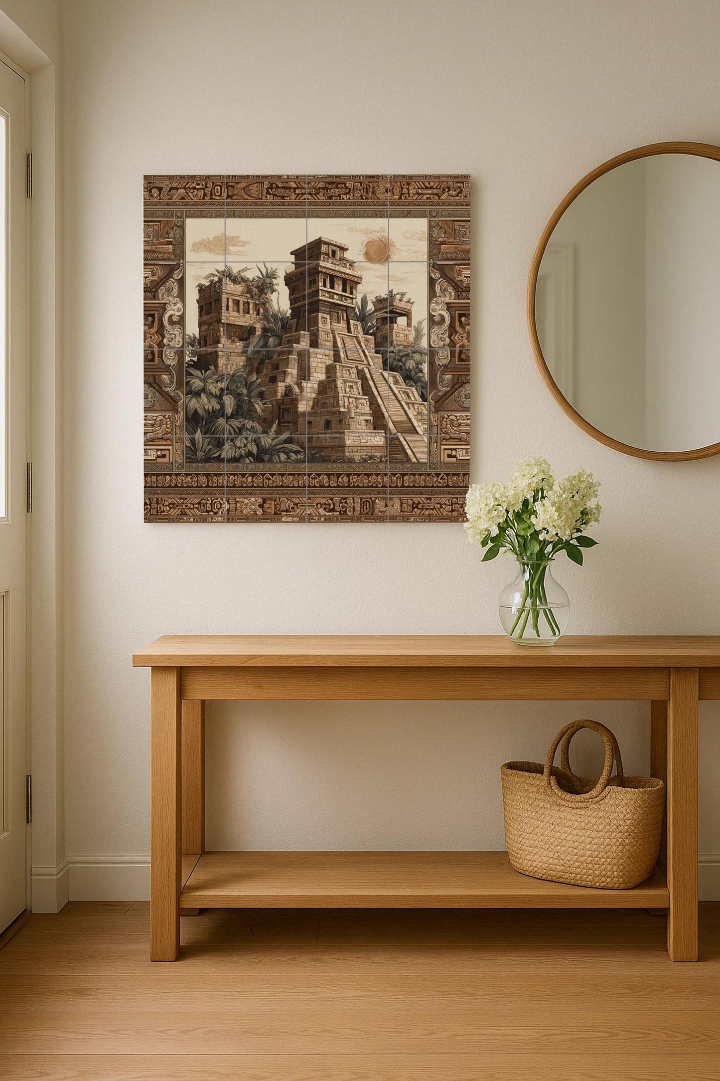 Ceramic mural of a Mayan temple – Tile panel of an ancient civilization – Jungle ruins scene – Wall decoration with cultural accent – Historical heritage decoration