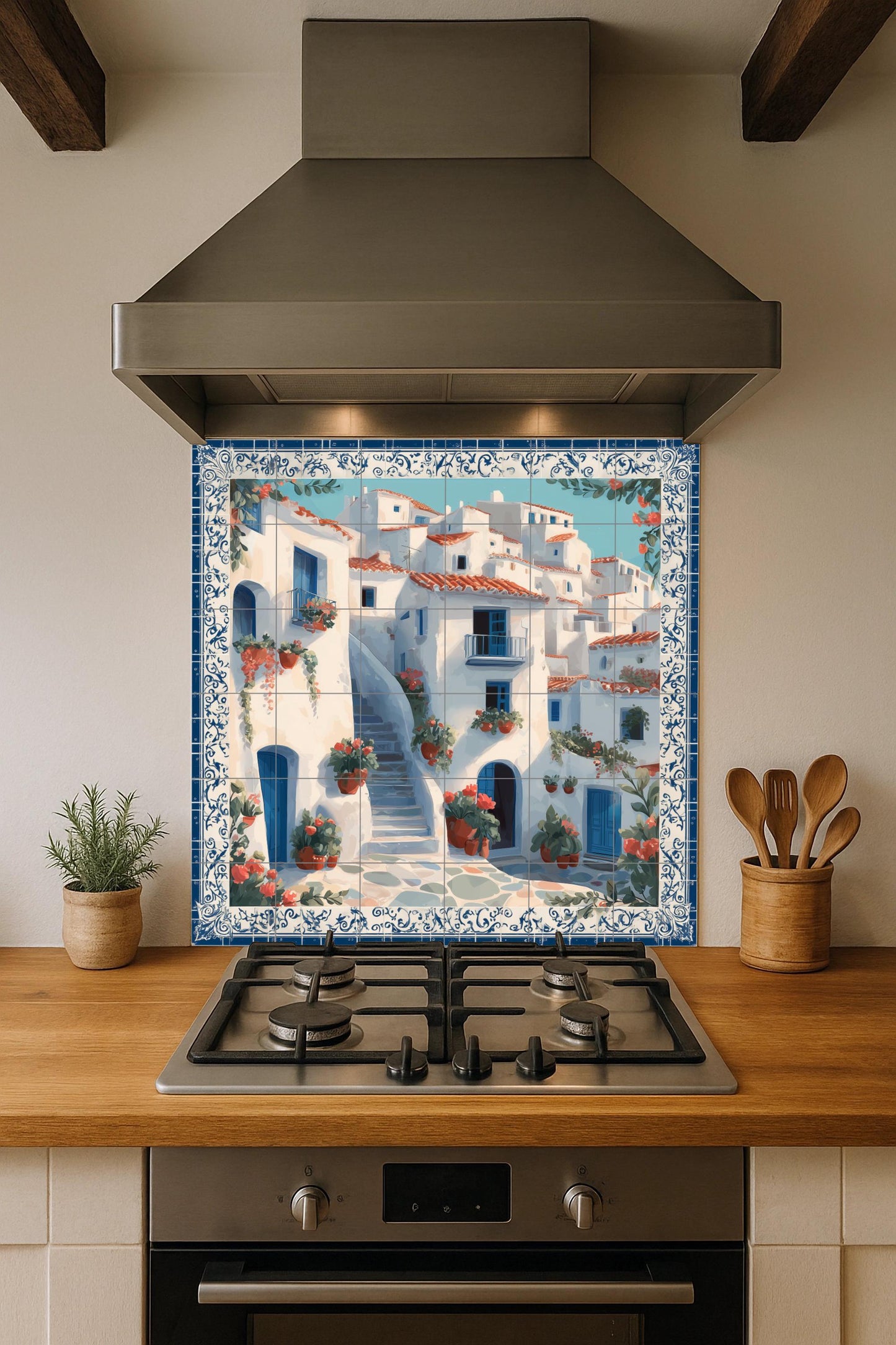 Greek village staircase tile mural, Mediterranean blue door scene, cottage style kitchen panel, summer island style ceramic wall accent