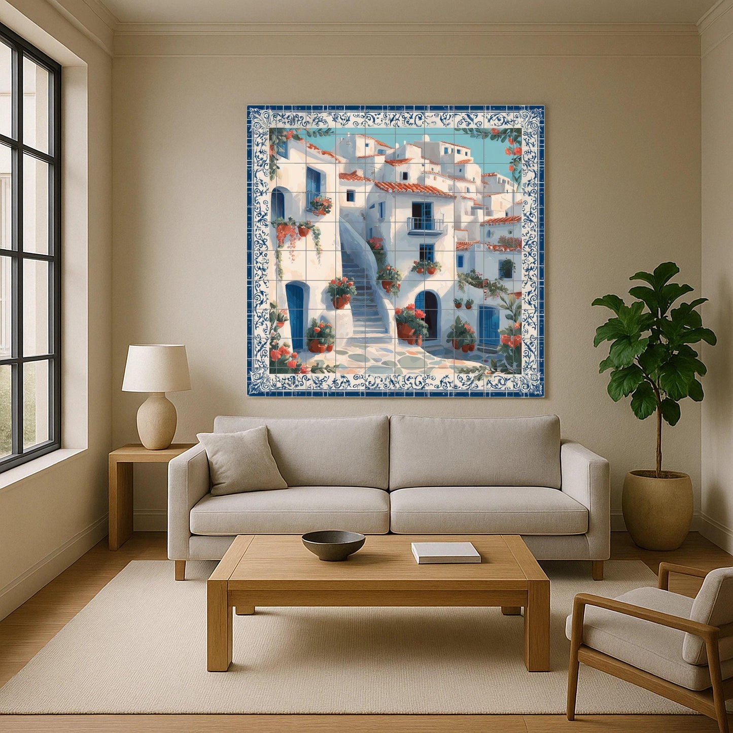 Greek village staircase tile mural, Mediterranean blue door scene, cottage style kitchen panel, summer island style ceramic wall accent