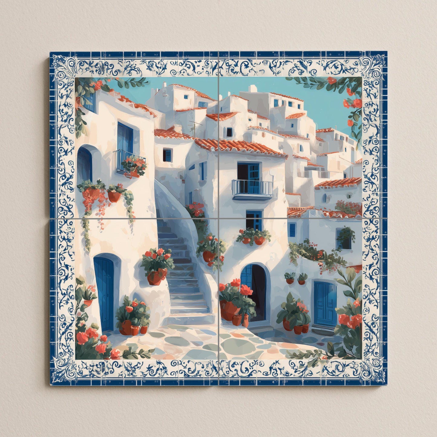 Greek village staircase tile mural, Mediterranean blue door scene, cottage style kitchen panel, summer island style ceramic wall accent