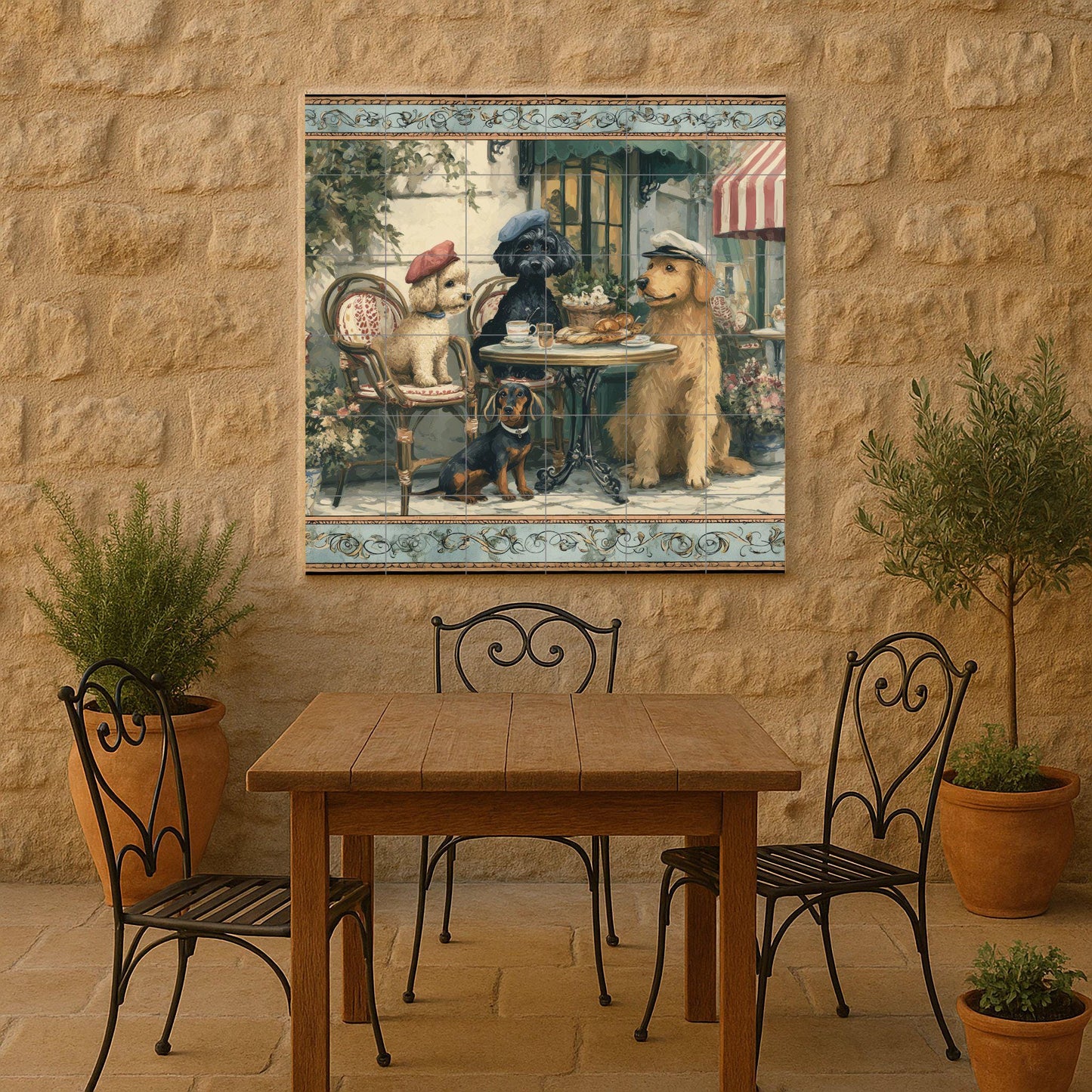 Mural of dogs in a Parisian cafe: ceramic tile panel with poodles and croissants, a bistro scene with a touch of French rustic style kitchen.