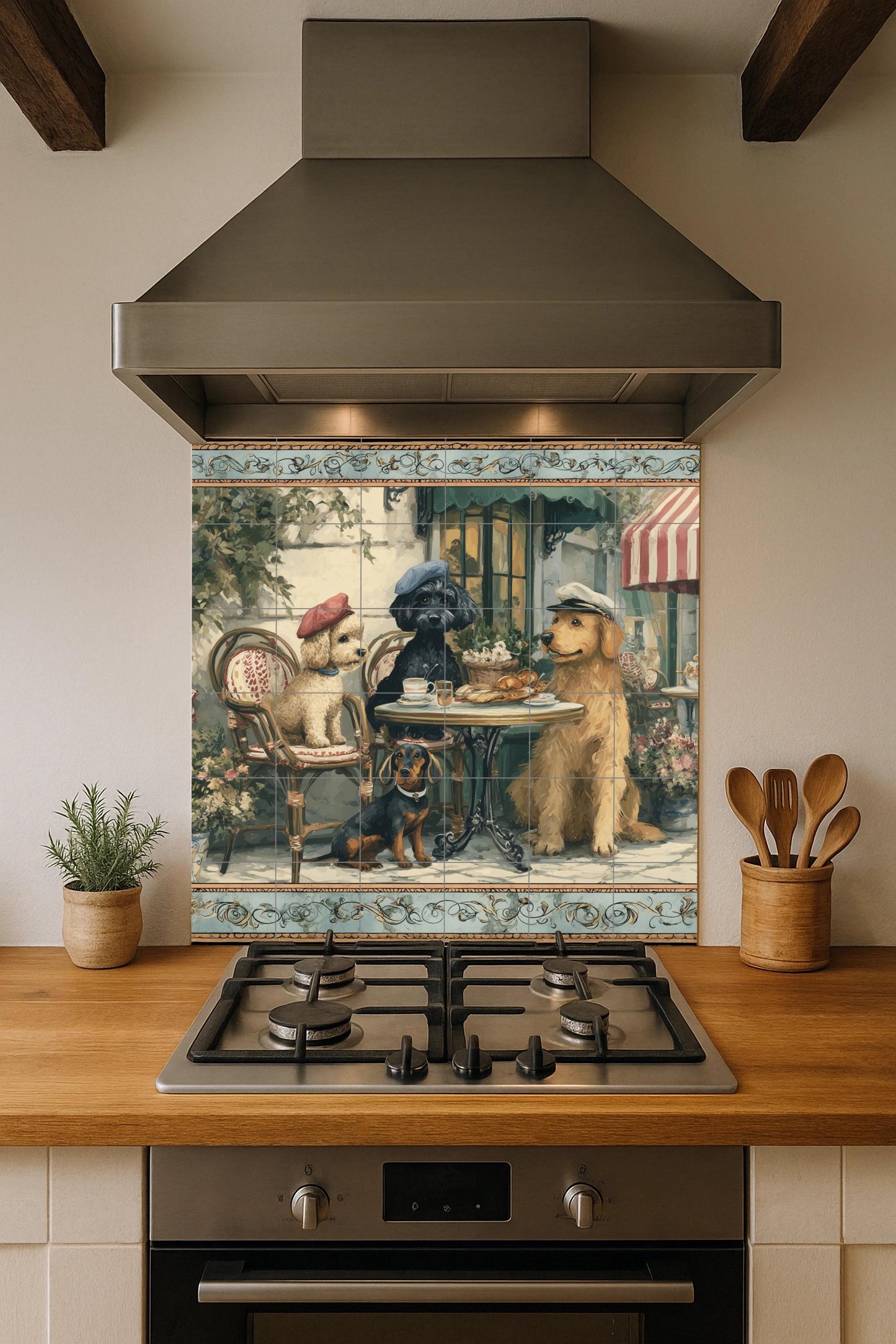 Mural of dogs in a Parisian cafe: ceramic tile panel with poodles and croissants, a bistro scene with a touch of French rustic style kitchen.