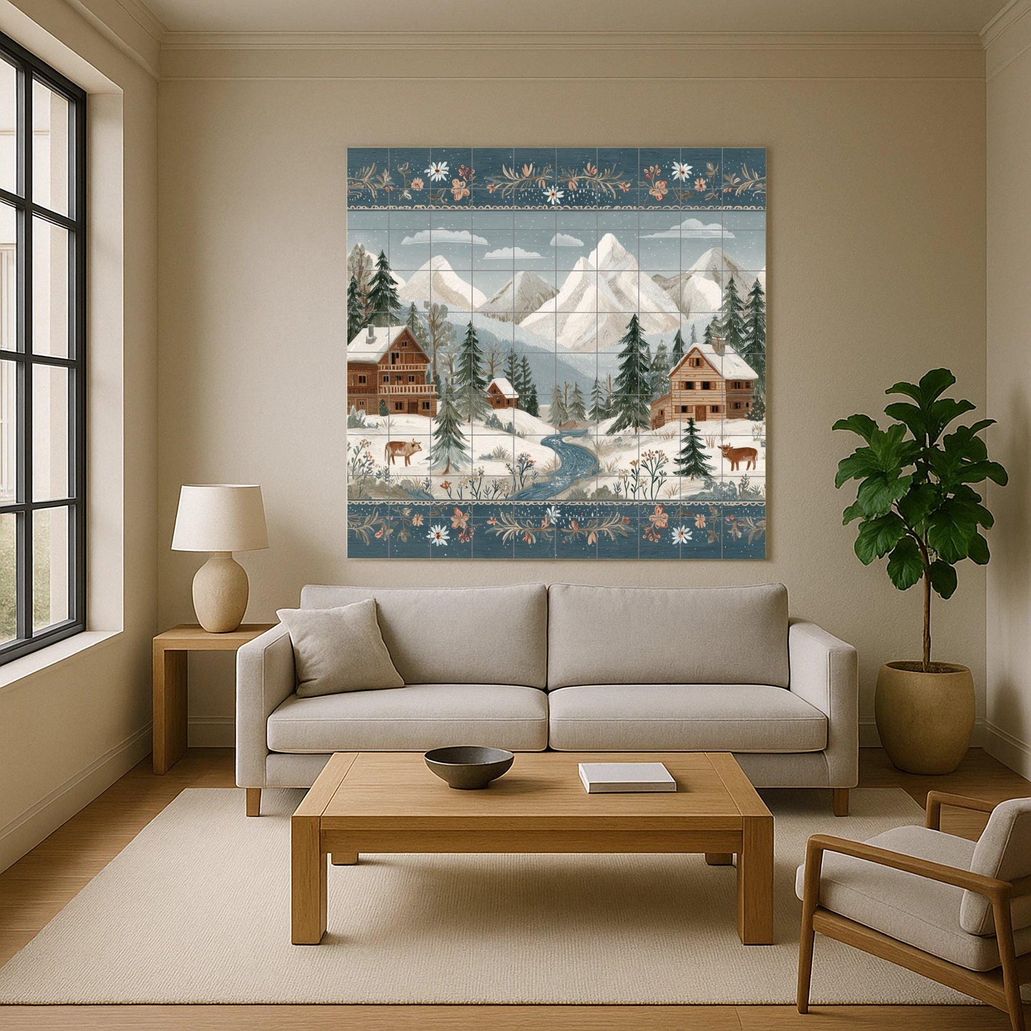 Tile mural of a snowy alpine village: winter cabin scene with mountains, fir trees, and cows. Ceramic wall art for rustic homes and cozy interiors.