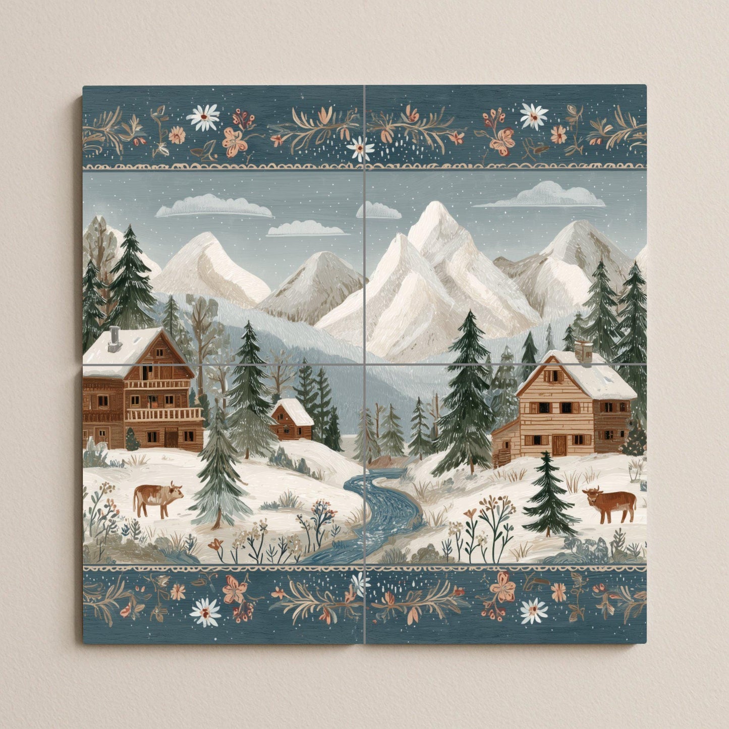 Tile mural of a snowy alpine village: winter cabin scene with mountains, fir trees, and cows. Ceramic wall art for rustic homes and cozy interiors.