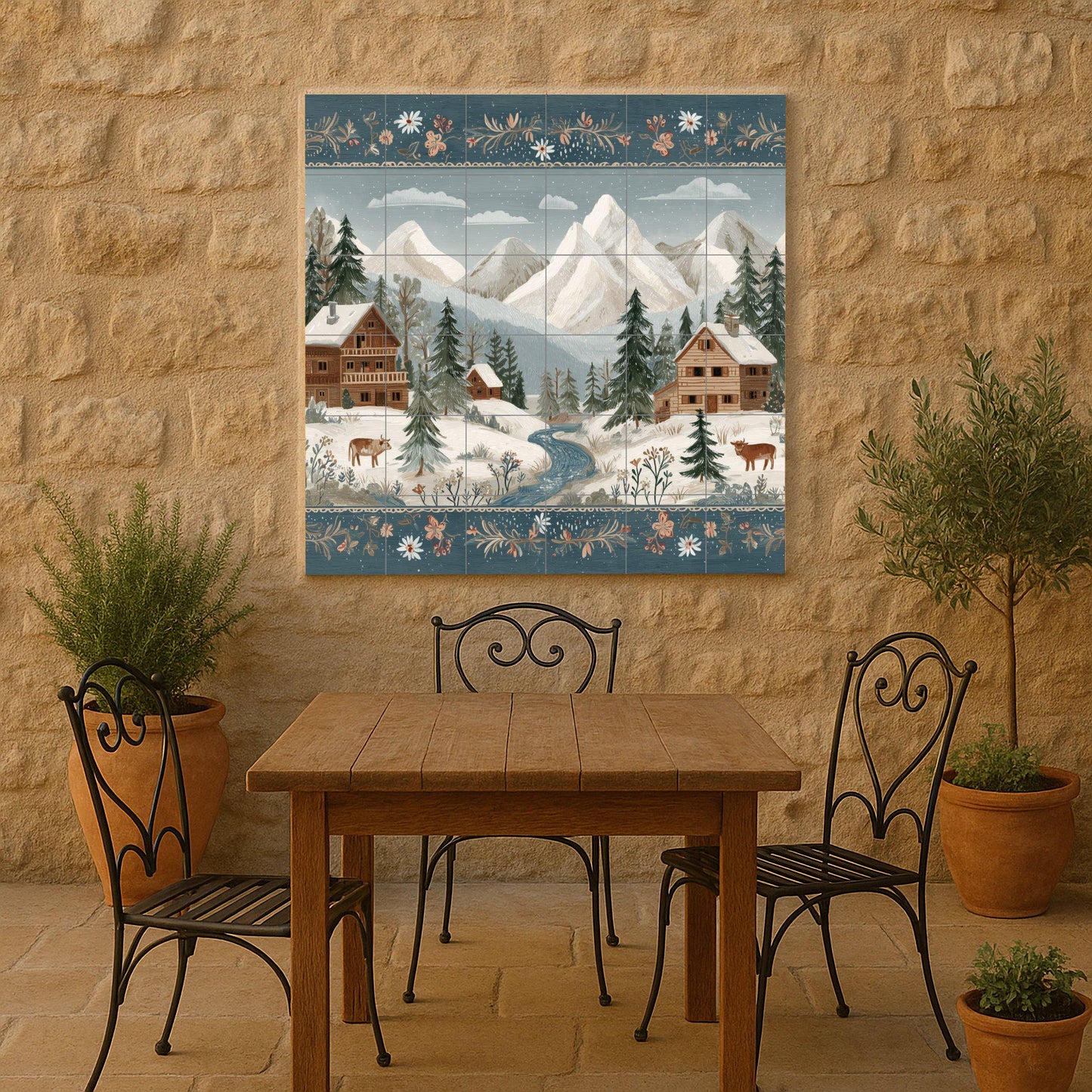 Tile mural of a snowy alpine village: winter cabin scene with mountains, fir trees, and cows. Ceramic wall art for rustic homes and cozy interiors.