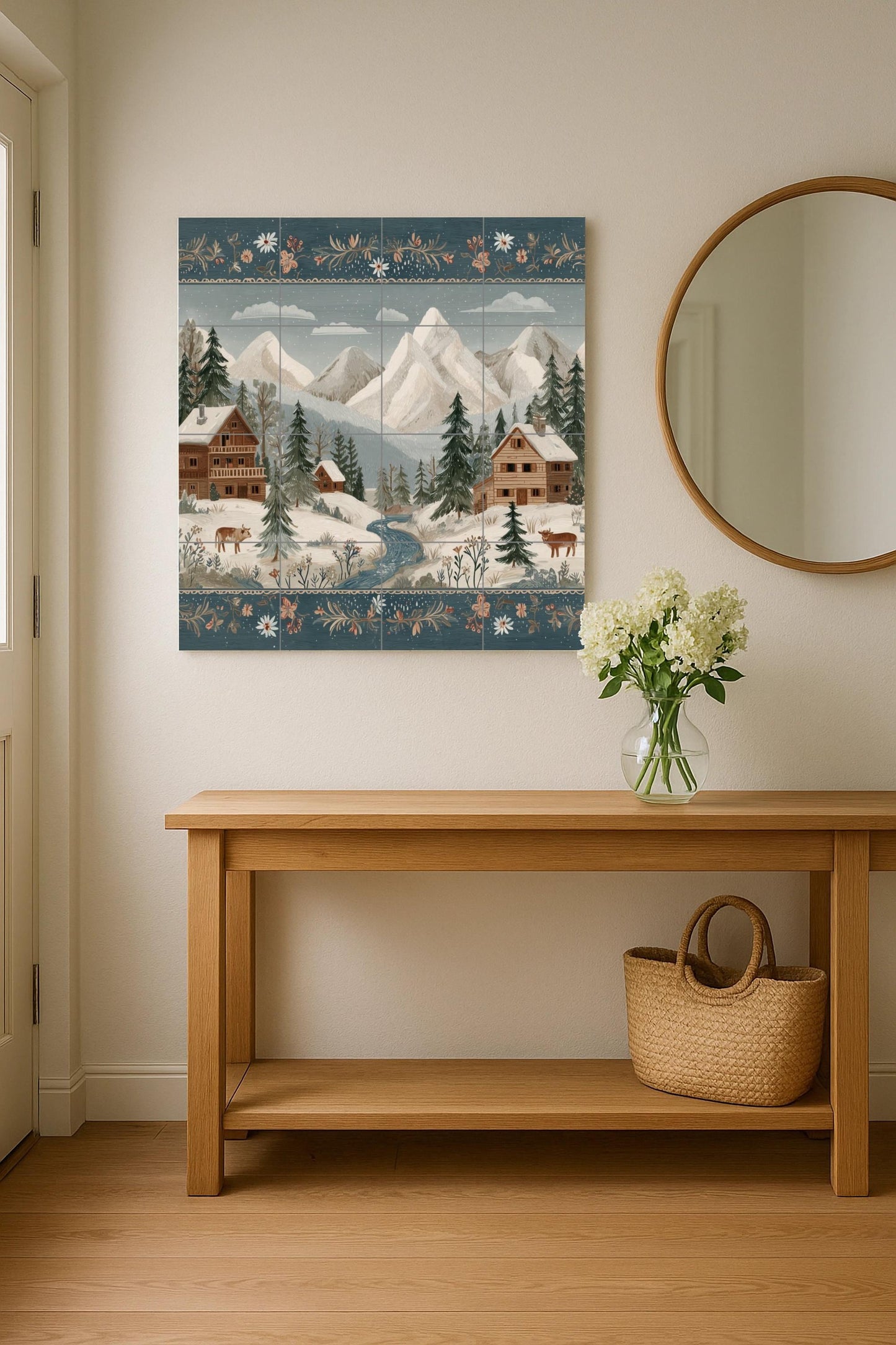 Tile mural of a snowy alpine village: winter cabin scene with mountains, fir trees, and cows. Ceramic wall art for rustic homes and cozy interiors.