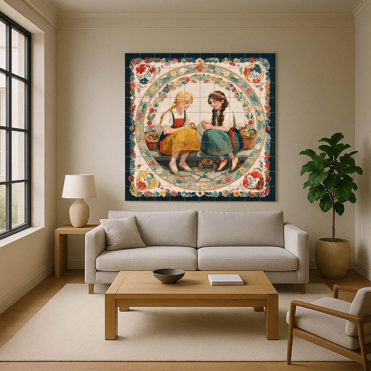 Two girls in traditional costumes with baskets – Storybook hut mural panel – Cultural culinary art – European folklore ceramic scene